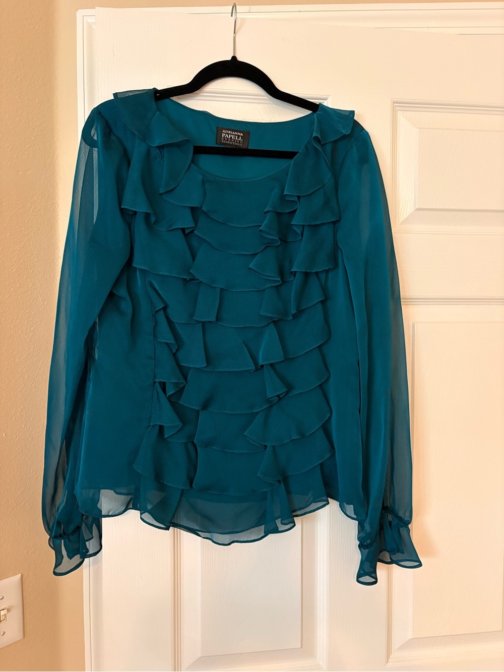 Adrianna Papell Teal Ruffle Chiffon Long-Sleeve Blouse